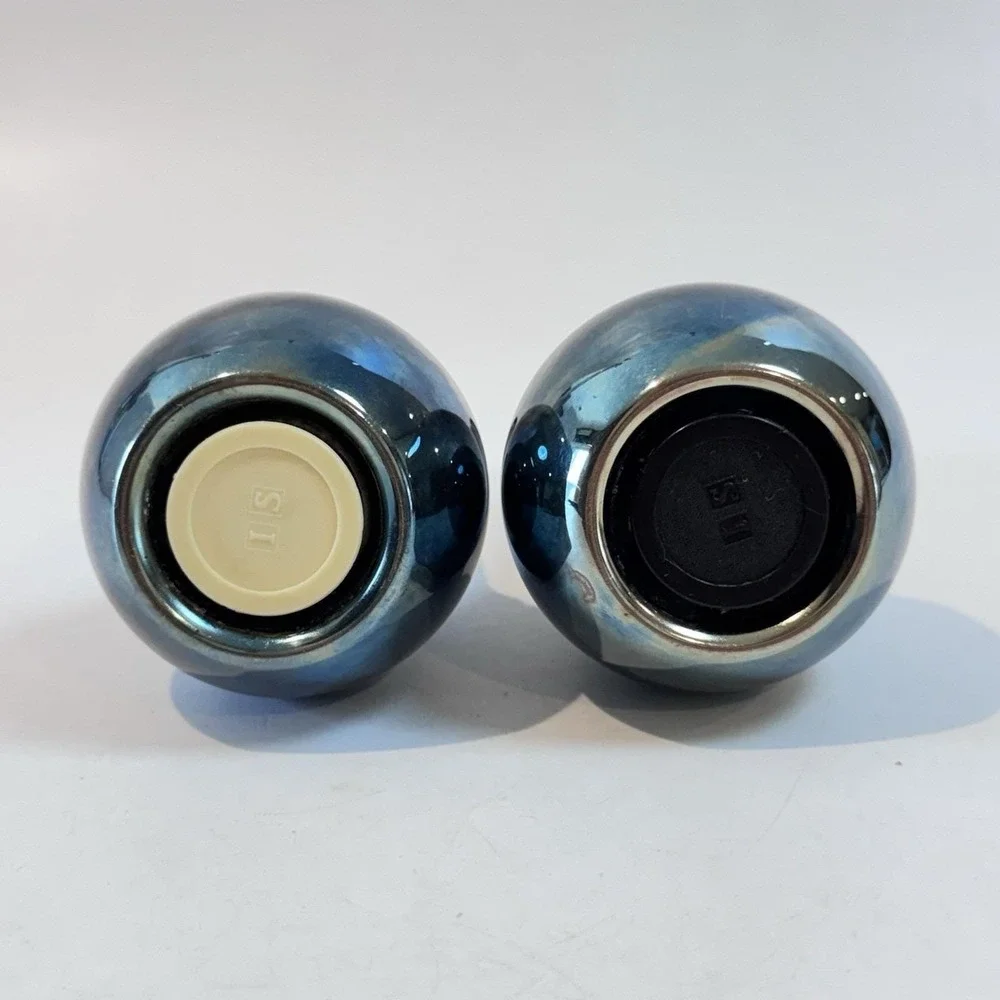 Vintage MCM Blue Lusterware Atomic Salt Pepper Shakers Iridescent Glaze‎